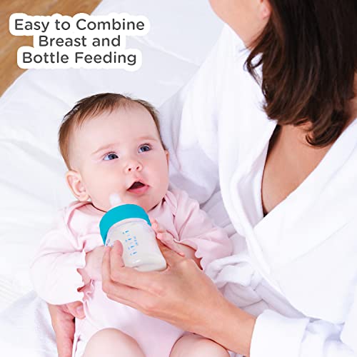 Mee Mee Glass Feeding Bottle 240ml| Eazy Flo Technology, Anti-Colic Valve, Anti-Slip Ergonomic Shape & Slim Neck | BPA-Free, Borosilicate Glass Feeding Bottle for 0m+/Babies Upto 3 Years (Blue) - Image 4