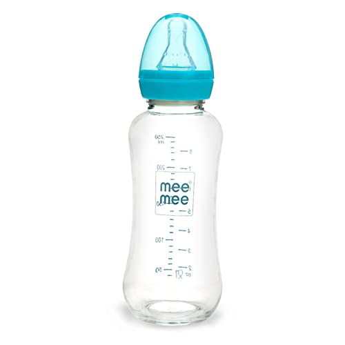 Mee Mee Glass Feeding Bottle 240ml| Eazy Flo Technology, Anti-Colic Valve, Anti-Slip Ergonomic Shape & Slim Neck | BPA-Free, Borosilicate Glass Feeding Bottle for 0m+/Babies Upto 3 Years (Blue) - Image 1