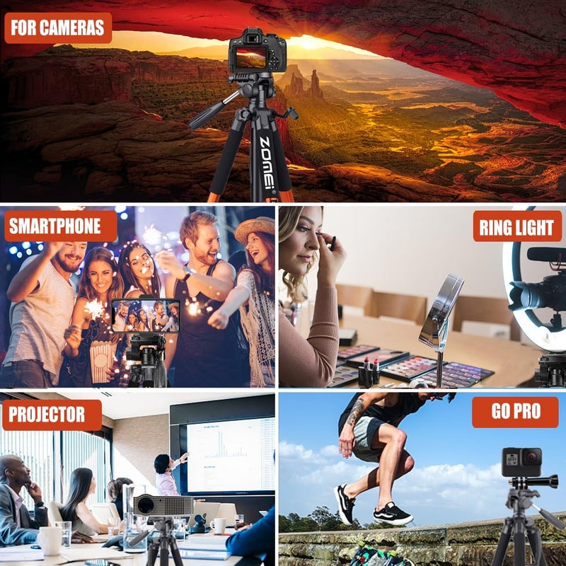 Zomei حامل ثلاثي ZOMEI 74 بوصة، حامل كاميرا احترافي من الألمنيوم، حامل كاميرا ثقيل، حامل لكاميرا DSLR SLR مع حقيبة حمل، متوافق مع iPhone، جهاز عرض، كاميرا ويب، مناظير（برتقالي） - Image 2