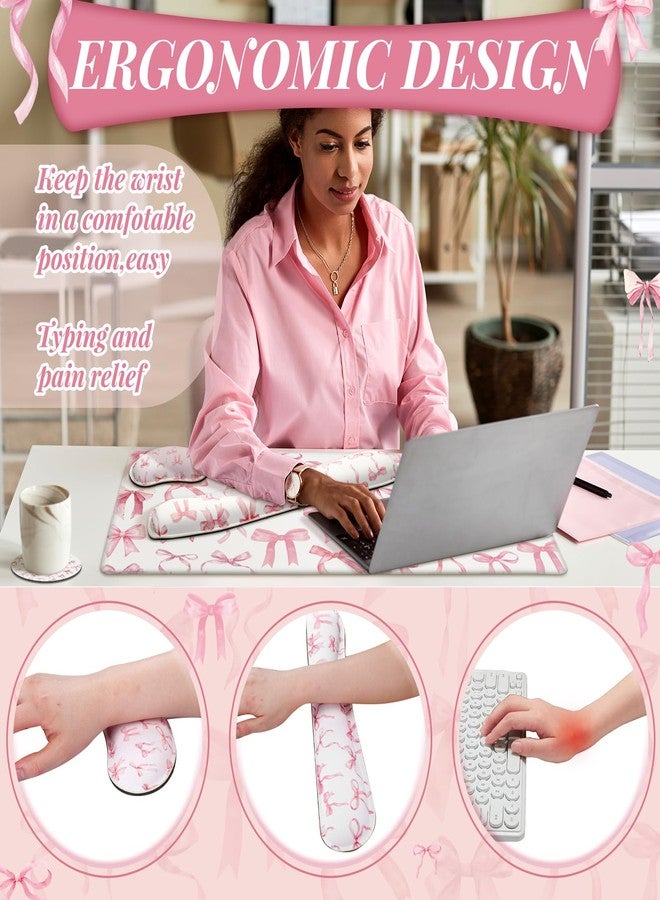 Relaxweex 4 Pcs Pink Bow Keyboard Mat and Mouse Pad Set Coquette Desk Mat Bowknot Mouse Pad with Wrist Rest Cute Keyboard Wrist Rest Preppy Cup Coasters Pink Ergonomic Design for Office Table Computer - Image 3