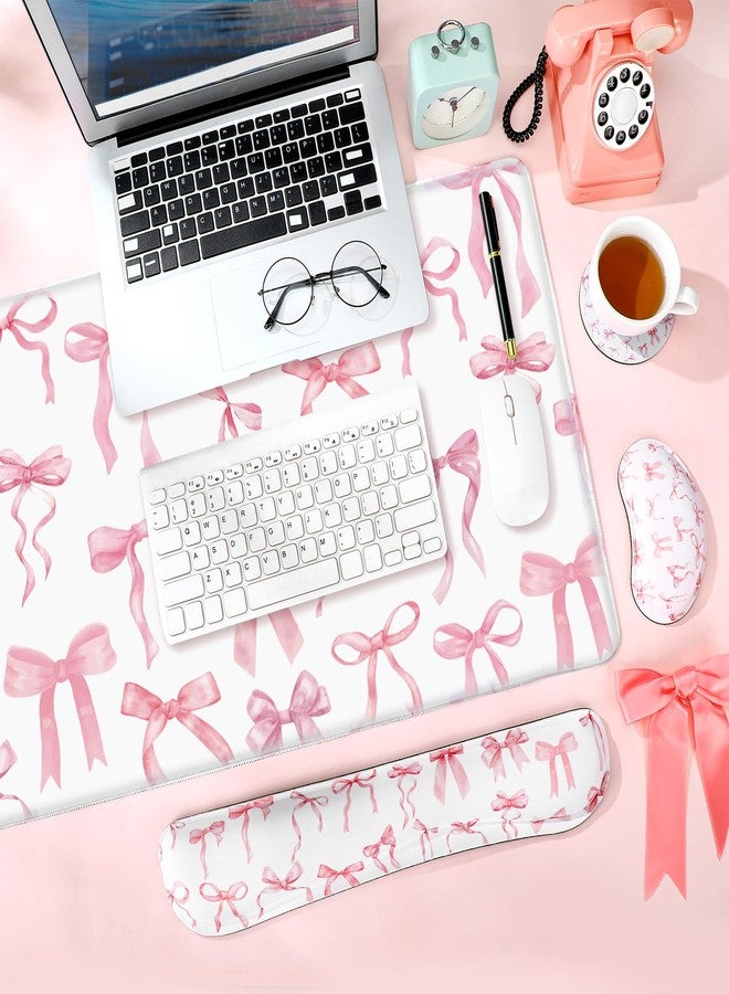 Relaxweex 4 Pcs Pink Bow Keyboard Mat and Mouse Pad Set Coquette Desk Mat Bowknot Mouse Pad with Wrist Rest Cute Keyboard Wrist Rest Preppy Cup Coasters Pink Ergonomic Design for Office Table Computer - Image 5