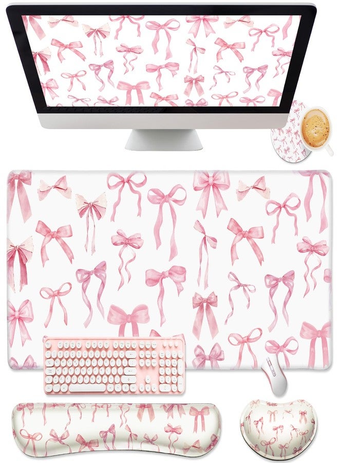 Relaxweex 4 Pcs Pink Bow Keyboard Mat and Mouse Pad Set Coquette Desk Mat Bowknot Mouse Pad with Wrist Rest Cute Keyboard Wrist Rest Preppy Cup Coasters Pink Ergonomic Design for Office Table Computer - Image 1