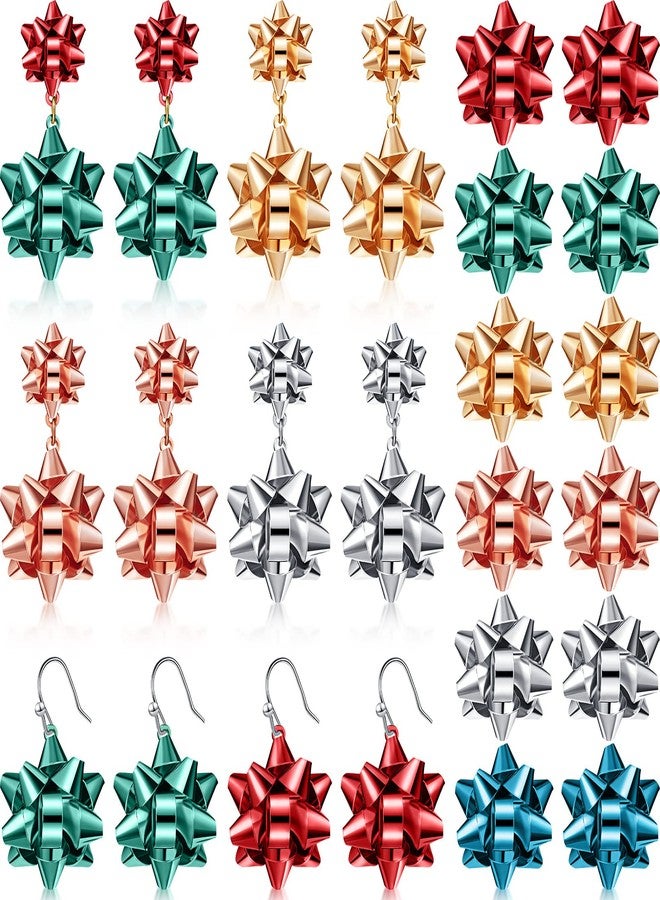 Juinte 12 Pairs Christmas Bow Earrings Xmas Bow Stud Earrings Festive Bow Drop Dangle Earring Studs for Christmas Jewelry Gifts - Image 1