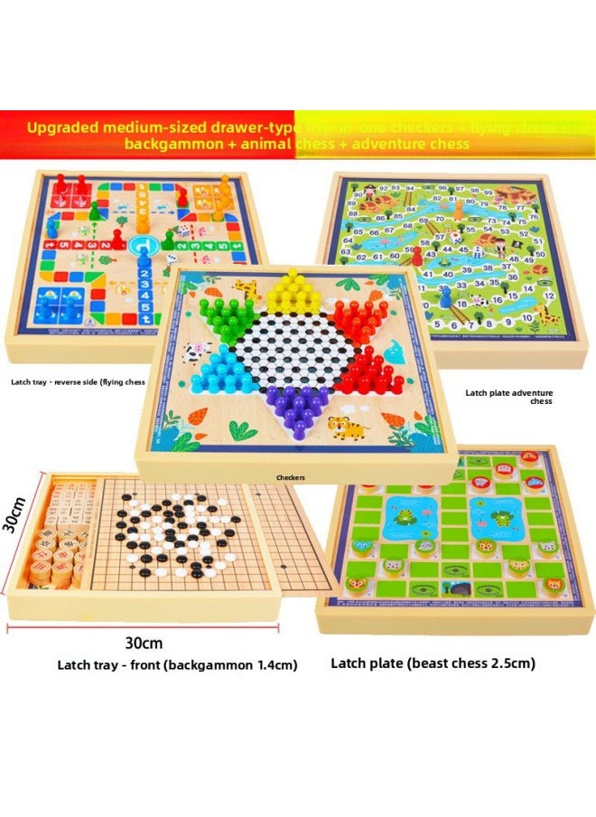 Generic - Children's Day Checkers Flying Chess Gobang Fighting Beasts Chess Multifunctional Chess Primary School Students Chess Puzzle Wooden Play-Colour:30*30cm Five-in-one Model B (checkers + Backgammon + Flying Chess + Beast Chess + Adventure Chess) - Image 1