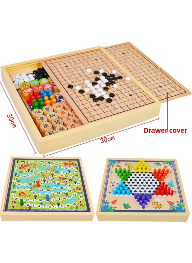 Generic - Children's Day Checkers Flying Chess Gobang Fighting Beasts Chess Multifunctional Chess Primary School Students Chess Puzzle Wooden Play-Colour:30*30cm Five-in-one Model B (checkers + Backgammon + Flying Chess + Beast Chess + Adventure Chess) - Image 1