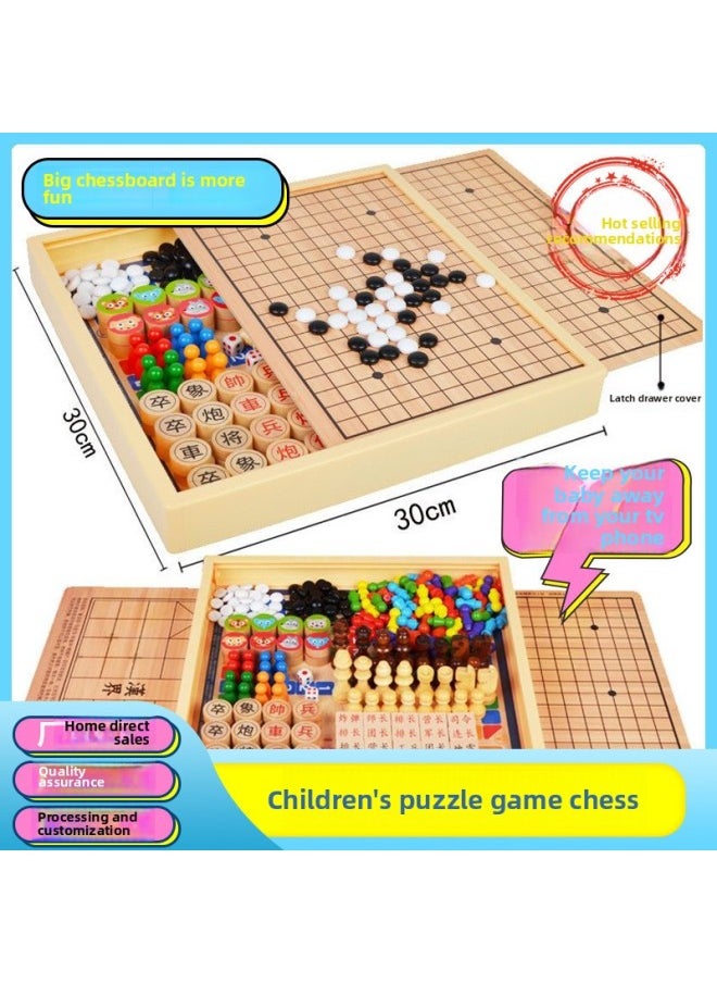 Generic - Children's Day Checkers Flying Chess Gobang Fighting Beasts Chess Multifunctional Chess Primary School Students Chess Puzzle Wooden Play-Colour:30*30cm Five-in-one Model B (checkers + Backgammon + Flying Chess + Beast Chess + Adventure Chess) - Image 1