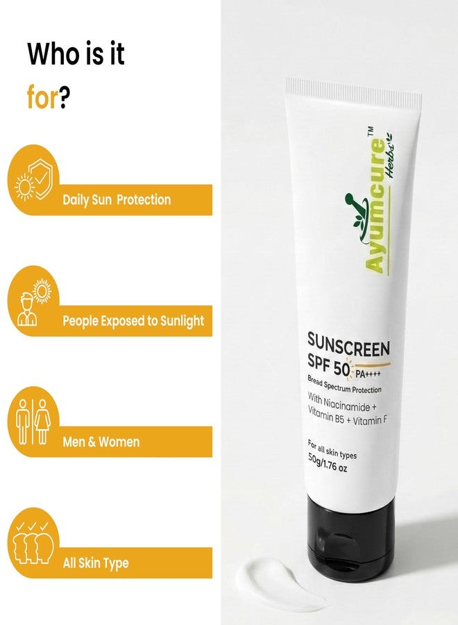 Ayumcure Niacinamide Sunscreen SPF 50 PA++++ | 50g | Broad Spectrum UVA/UVB Protection | With Niacinamide, Vitamin B5 & Vitamin F | Lightweight, Hydrating & Non-Greasy | For All Skin Types - Image 3