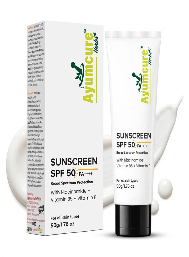 Ayumcure Niacinamide Sunscreen SPF 50 PA++++ | 50g | Broad Spectrum UVA/UVB Protection | With Niacinamide, Vitamin B5 & Vitamin F | Lightweight, Hydrating & Non-Greasy | For All Skin Types - Image 1