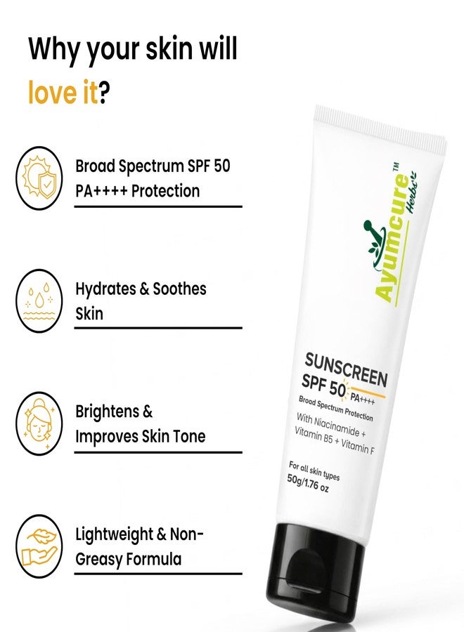 Ayumcure Niacinamide Sunscreen SPF 50 PA++++ | 50g | Broad Spectrum UVA/UVB Protection | With Niacinamide, Vitamin B5 & Vitamin F | Lightweight, Hydrating & Non-Greasy | For All Skin Types - Image 2