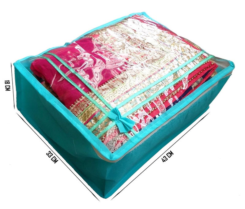 DIKHAWA Non Woven Transparent Top Saree Cover Bag, Cloth Cover Set for Storage with Zip (Set of 3_Green_43X33X18CM) - Image 2