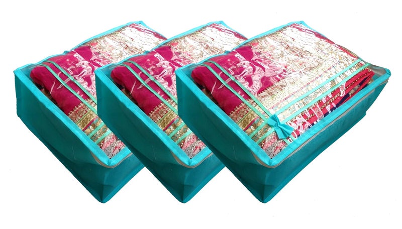 DIKHAWA Non Woven Transparent Top Saree Cover Bag, Cloth Cover Set for Storage with Zip (Set of 3_Green_43X33X18CM) - Image 1