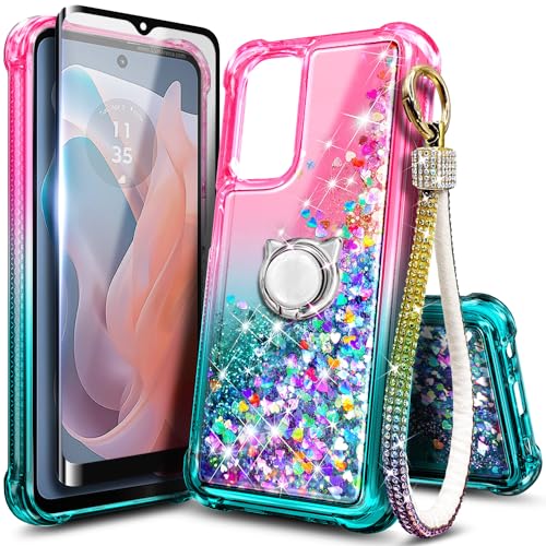 WDHD Compatible with Samsung Galaxy A35-5G Phone Case Pink/Aqua | Glitter Floating Liquid Cute Cover with Tempered Glass Screen Protector/Ring Holder/Diamond Wrist Strap Lanyard - Image 1