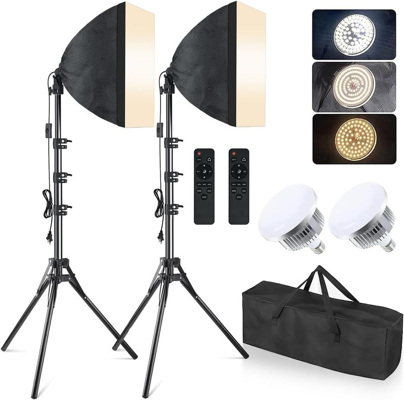 MOUNTDOG Softbox Lighting Kit, 2X 16'' x 16'' Photography Softbox Lighting with 2pcs 85W E27 Socket LED Bulbs and Remote Studio Light for Portrait Product Fashion Photography - Image 1
