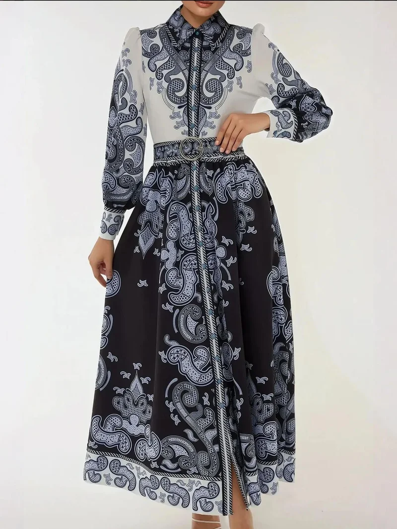 زوبعة فستان ماكسي طويل بأكمام مطبوعة وحزام