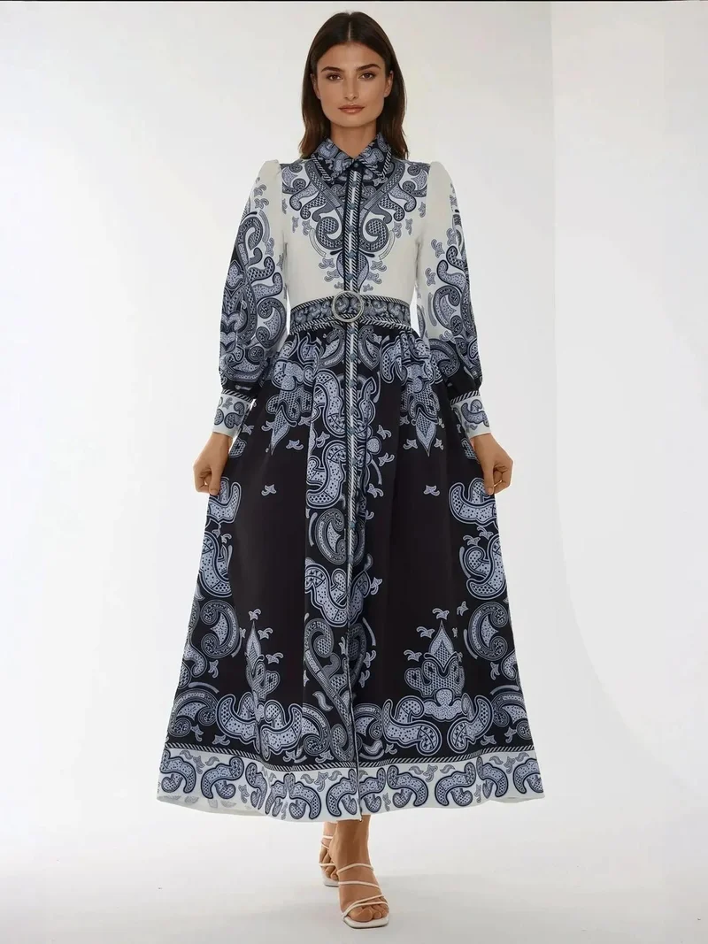 زوبعة فستان ماكسي طويل بأكمام مطبوعة وحزام