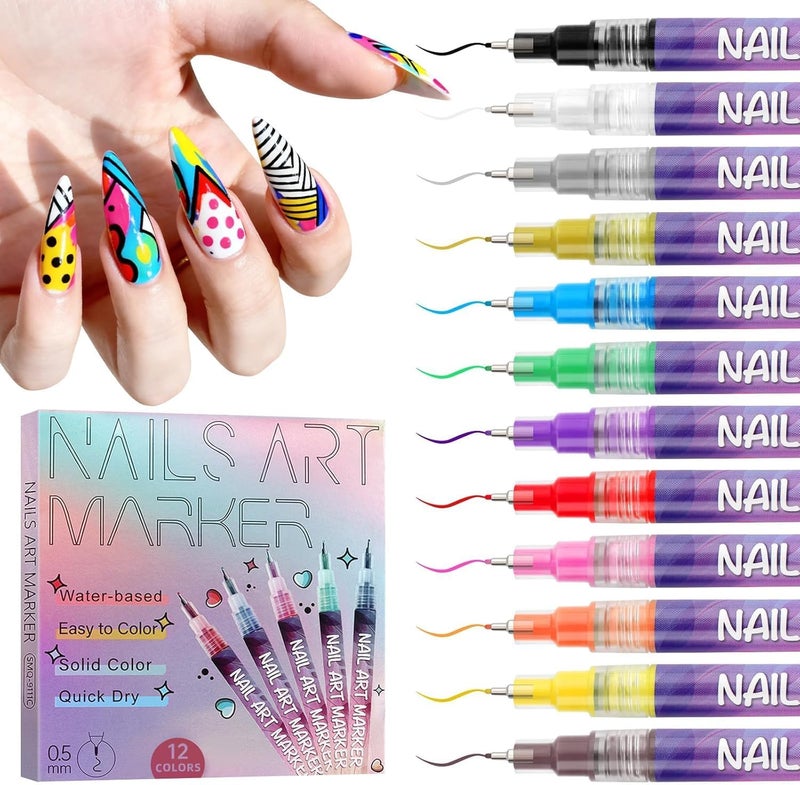 Purfex 12-Color Nail Art Pen Set, 3D Nail Color Brushes Markers,Quick-Dry Nail Color Pen Dotting and Liner Brushes for DIY Nail Designs, Home and Salon Manicure - Image 1