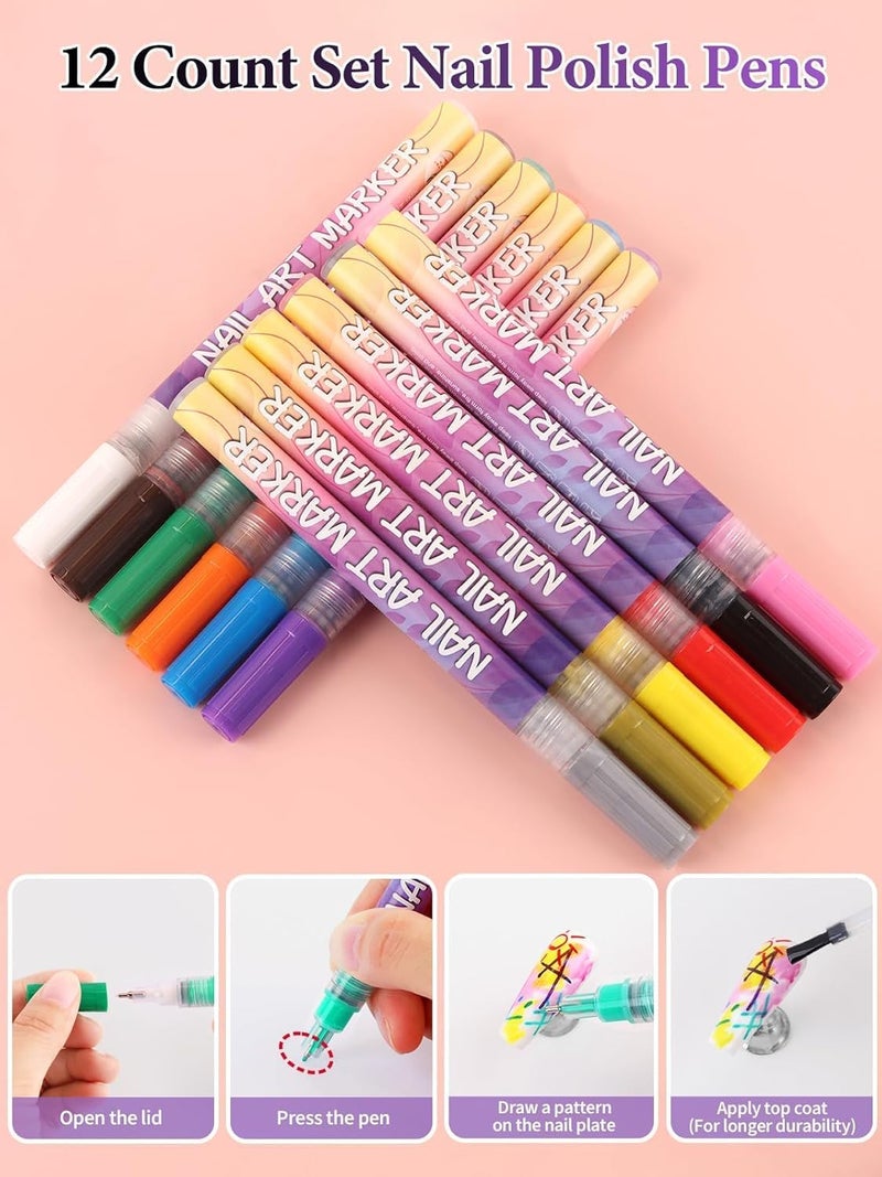 Purfex 12-Color Nail Art Pen Set, 3D Nail Color Brushes Markers,Quick-Dry Nail Color Pen Dotting and Liner Brushes for DIY Nail Designs, Home and Salon Manicure - Image 5