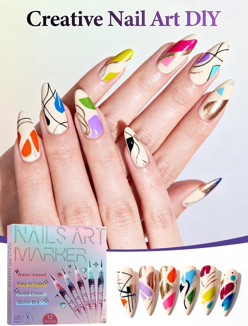 Purfex 12-Color Nail Art Pen Set, 3D Nail Color Brushes Markers,Quick-Dry Nail Color Pen Dotting and Liner Brushes for DIY Nail Designs, Home and Salon Manicure - Image 3