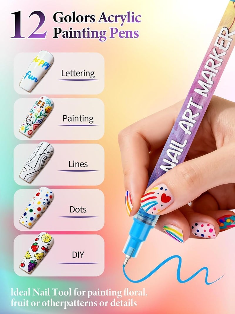 Purfex 12-Color Nail Art Pen Set, 3D Nail Color Brushes Markers,Quick-Dry Nail Color Pen Dotting and Liner Brushes for DIY Nail Designs, Home and Salon Manicure - Image 2