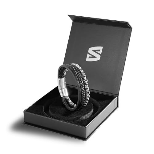 SERASAR Mens Leather Bracelet 17cm Silver Presents Men Gift Box Cowhide Braided Magnetic Clasp Multi Layer Wrap Rope Mans Male Bracelets Band Jewelry Magnet Accessories - Image 2