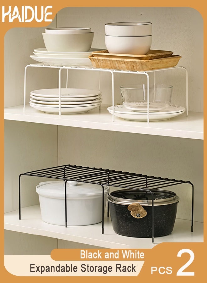 Haidue 2PCS Expandable Storage Rack, Spice Racks Set of 2 Kitchen Countertop Organizer Shelf, Cabinet Shelf Organizers Storage Rack Space Riser, Pantry Cupboard Shelf Home Organization and Storage(Black and White) - Image 1