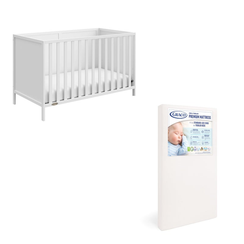 GRACO سرير غراكو ثيو ومجموعة أساسيات المهد والمرتبة باللون الأبيض معتمد من GREENGUARD Gold