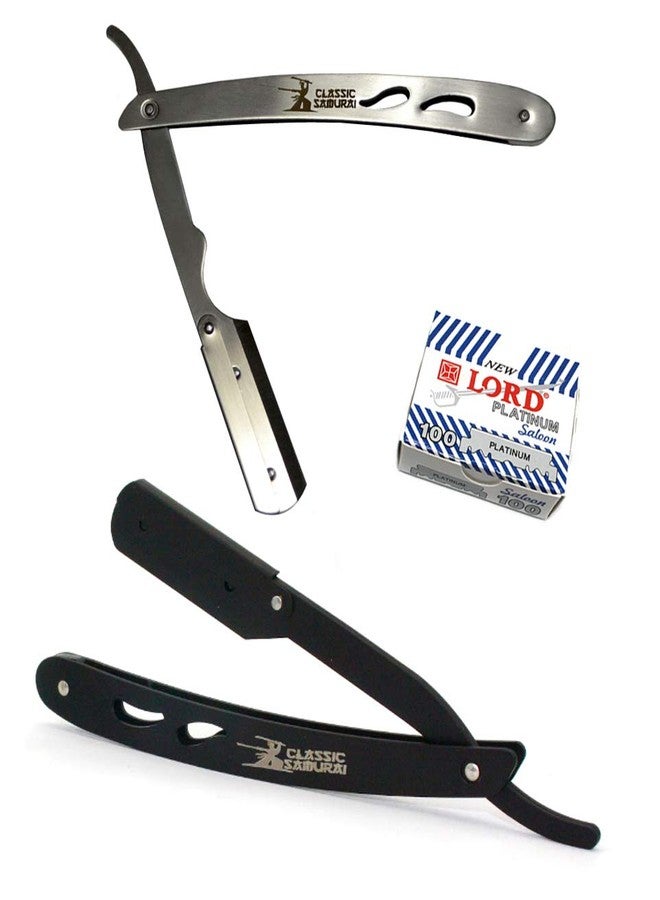 Classic Samurai CS102 + CS Matte Black Professional Barber Straight Edge Shaving Razor 2 pcs for Men + 100 Lord Platinum single edge Razor Blades - Image 1