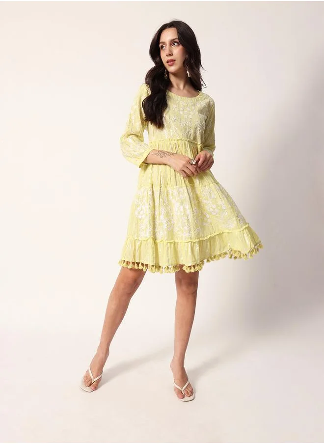 آي شين Women's Yellow Cotton Textured Mini Smock Regular Fit Dress