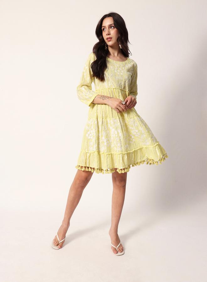 ISHIN Women's Yellow Cotton Textured Mini Smock Regular Fit Dress  - Image 1