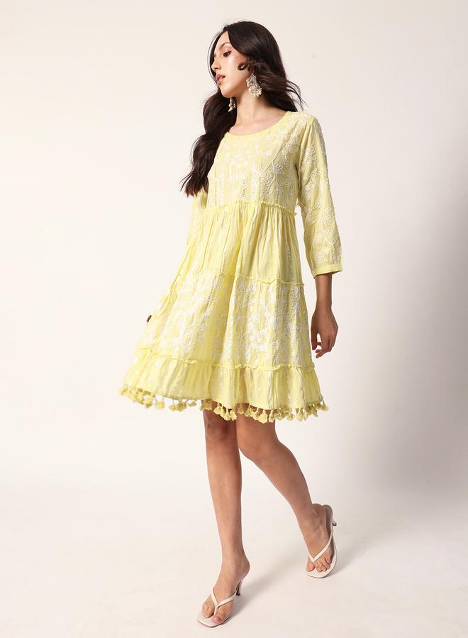 ISHIN Women's Yellow Cotton Textured Mini Smock Regular Fit Dress  - Image 3