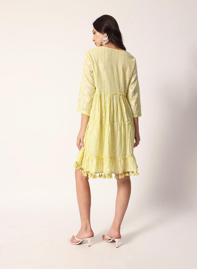 ISHIN Women's Yellow Cotton Textured Mini Smock Regular Fit Dress  - Image 5