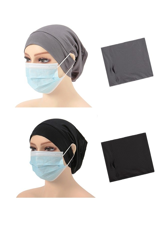 2PCS Hijab Undercap with Ear Openings, Soft Cotton Tube Cap for Women, Ideal for Masks, Earphones & Earrings, Black & Grey, Free Size - Image 1