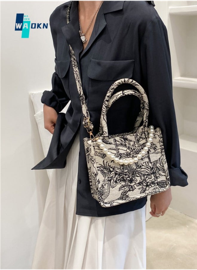 WAOKN - Women's Luxury Designer Shoulder Bag, Ladies Large Capacity Handbags Tote Bags Clutch Bag, Pearl Chain Embroidered Crossbody Bags Sling Bag Side Bag Carry Bag for College Students and Teenagers - Image 1