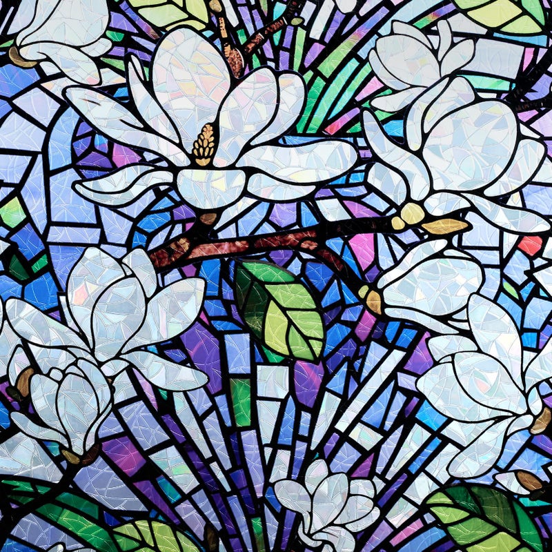 DKTIE Magnolia Pattern Stained Glass Window Film Floral Decorative Window Privacy Film with Rainbow Effect Front Door Bathroom Room Decor (S677, 17.7in X 78.7in) - Image 1