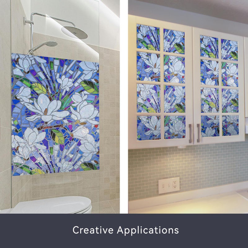 DKTIE Magnolia Pattern Stained Glass Window Film Floral Decorative Window Privacy Film with Rainbow Effect Front Door Bathroom Room Decor (S677, 17.7in X 78.7in) - Image 5