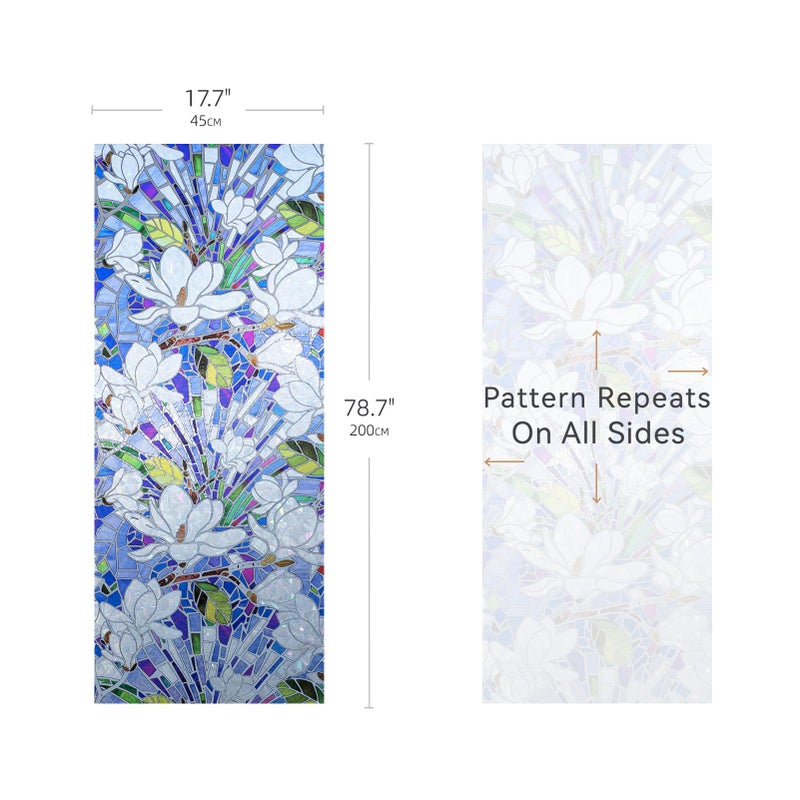DKTIE Magnolia Pattern Stained Glass Window Film Floral Decorative Window Privacy Film with Rainbow Effect Front Door Bathroom Room Decor (S677, 17.7in X 78.7in) - Image 2