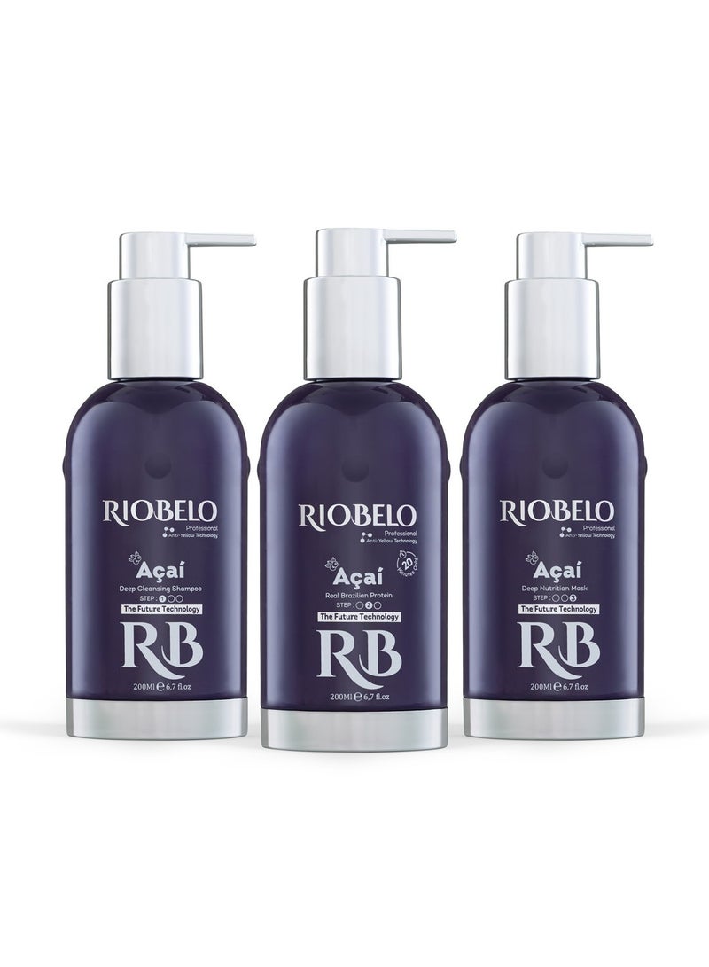 RIOBELO Hair Protein, Açaí Protein Treatment for Hair, Brazilian Protein Hair Kit for Blond & Dyed Hair by RIOBELO Professional Real, 200ml - 3 Steps Home Care Kit - Image 1