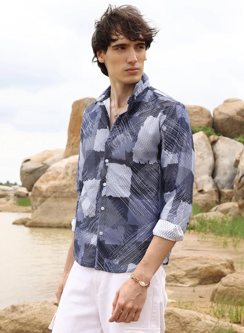 CAHOOT  Men's Navy Blue Abstract Block Shirt For Casual Wear | Spread Collar | Long Sleeve | Button Closure | Shirt Crafted With Comfort Fit For Everyday Wear for Men | Best Price UAE