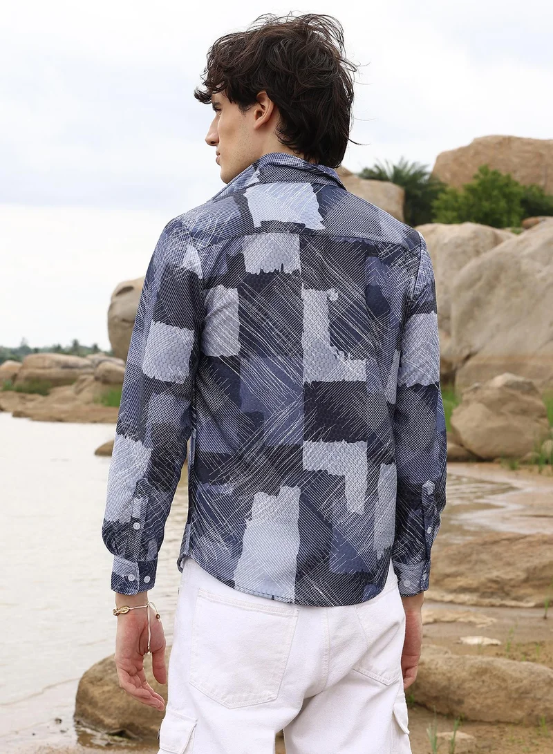 CAHOOT  Men's Navy Blue Abstract Block Shirt For Casual Wear | Spread Collar | Long Sleeve | Button Closure | Shirt Crafted With Comfort Fit For Everyday Wear for Men | Best Price UAE