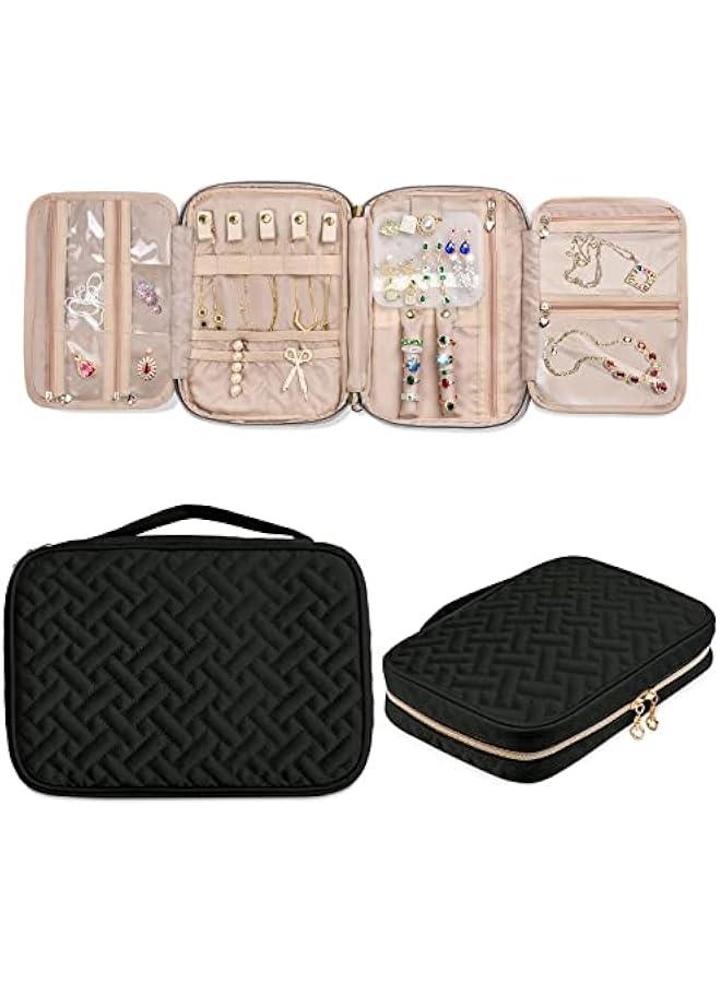 عربست حقيبة مجوهرات للسفر، حقيبة مجوهرات للنساء، سعة كبيرة لتخزين الأقراط، القلائد، الخواتم بدون تشابك، حقيبة مجوهرات للسفر، ملحقات السفر، لون أسود - Image 1