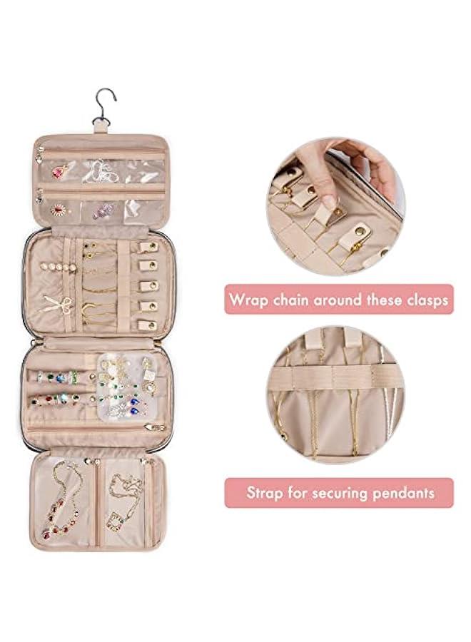 عربست حقيبة مجوهرات للسفر، حقيبة مجوهرات للنساء، سعة كبيرة لتخزين الأقراط، القلائد، الخواتم بدون تشابك، حقيبة مجوهرات للسفر، ملحقات السفر، لون أسود - Image 4