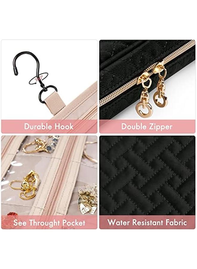 عربست حقيبة مجوهرات للسفر، حقيبة مجوهرات للنساء، سعة كبيرة لتخزين الأقراط، القلائد، الخواتم بدون تشابك، حقيبة مجوهرات للسفر، ملحقات السفر، لون أسود - Image 5