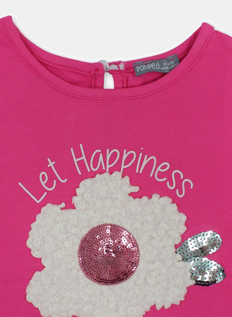 Pompelo Girls Cotton T-Shirt – Fuchsia with Flower Embroidery - Image 3