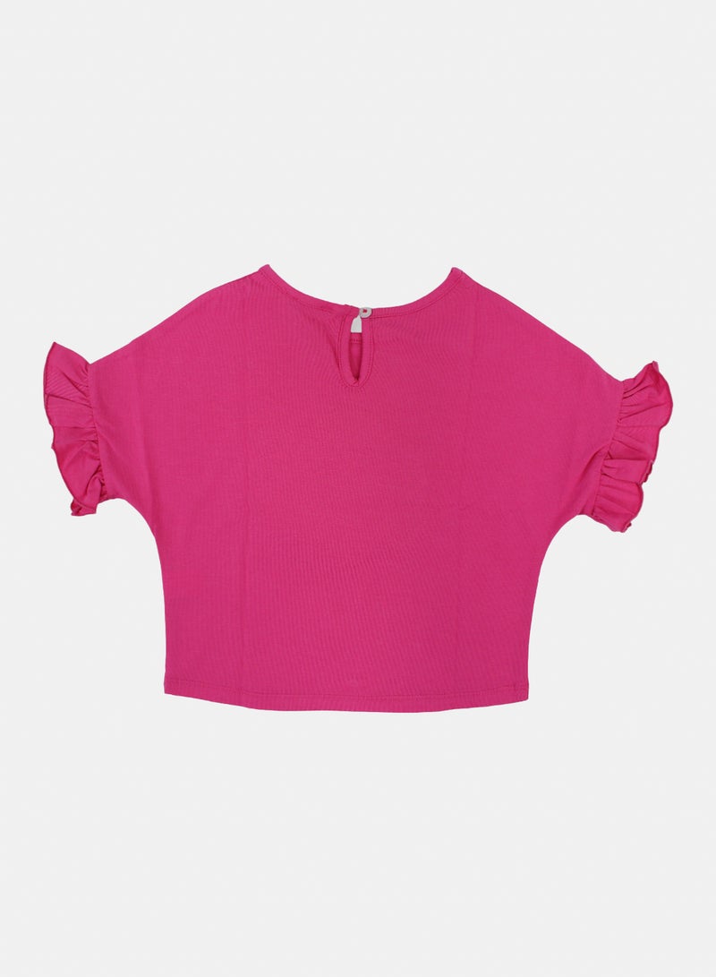 Pompelo Girls Cotton T-Shirt – Fuchsia with Flower Embroidery - Image 2
