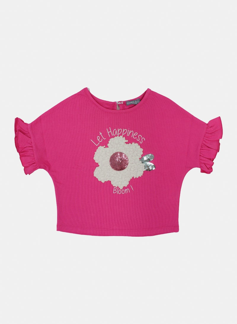 Pompelo Girls Cotton T-Shirt – Fuchsia with Flower Embroidery - Image 1