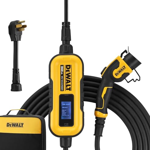 DEWALT شاحن كهربائي متنقل للسيارات الكهربائية (EV) من DEWALT 120-240 فولت مستوى 2 حتى 32 أمبير، معتمد من CSA للاستخدام الداخلي/الخارجي، مع محول قابس NEMA 14-50، كابل بطول 20 قدم. - Image 1