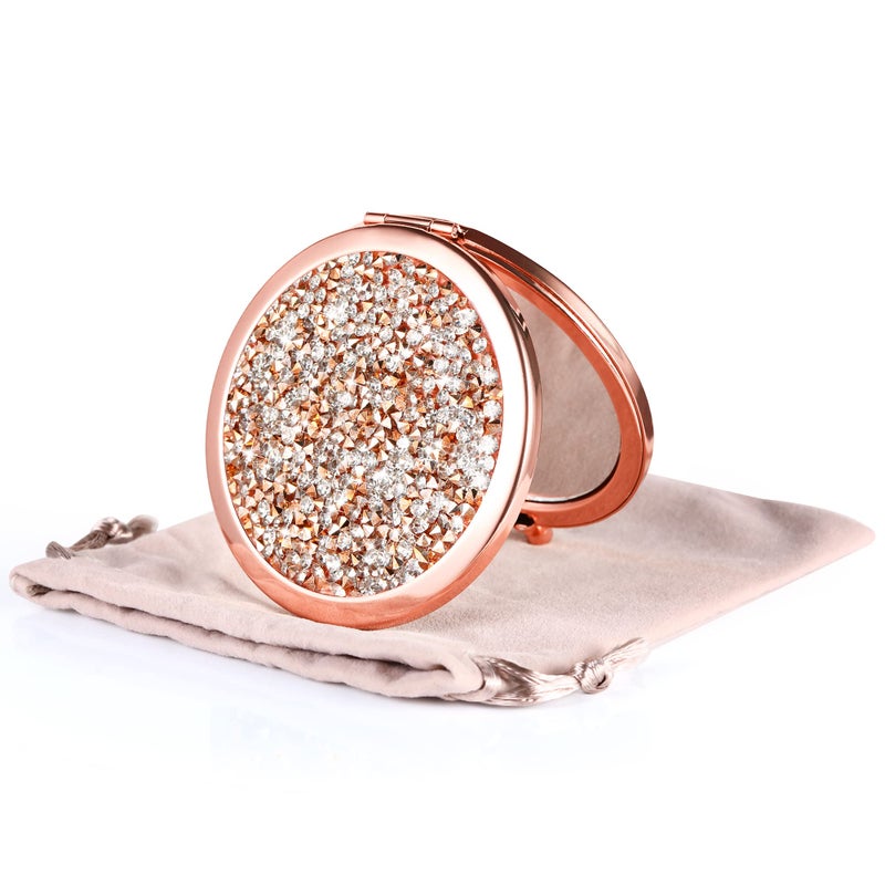 Dynippy Compact Mirror Rose Gold Makeup Mirror Folding Mini Pocket Mirror Portable Hand Mirror Double-Sided 2 x 1x Magnification for Woman Girls (Bling Rose Gold) - Image 1