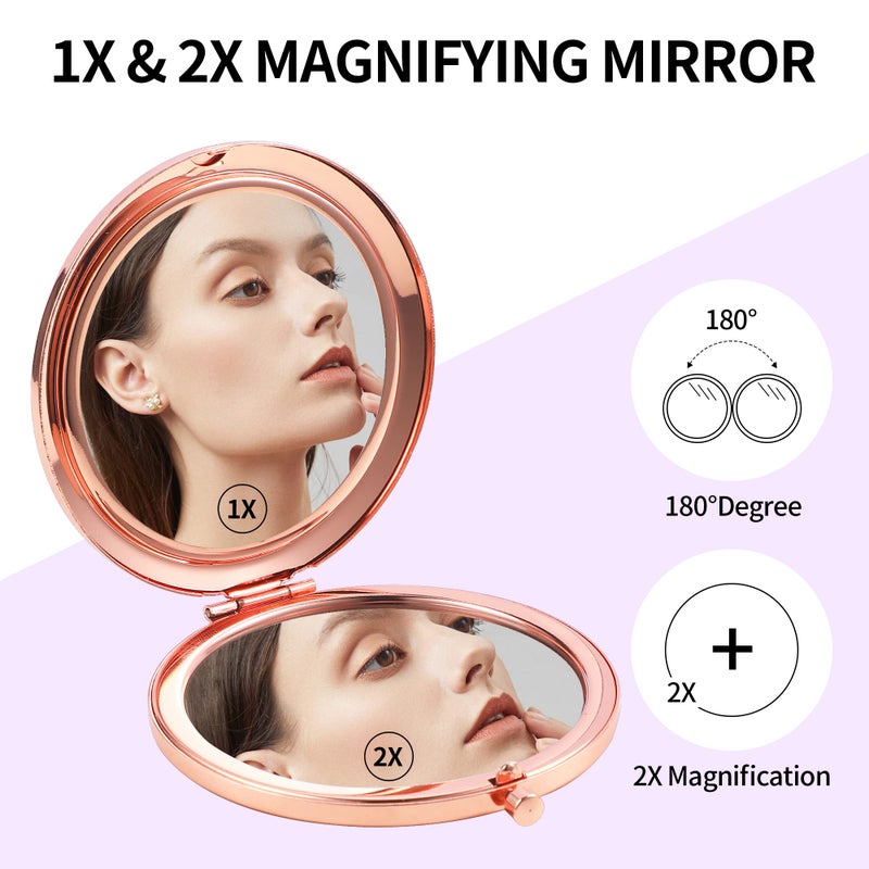Dynippy Compact Mirror Rose Gold Makeup Mirror Folding Mini Pocket Mirror Portable Hand Mirror Double-Sided 2 x 1x Magnification for Woman Girls (Bling Rose Gold) - Image 3