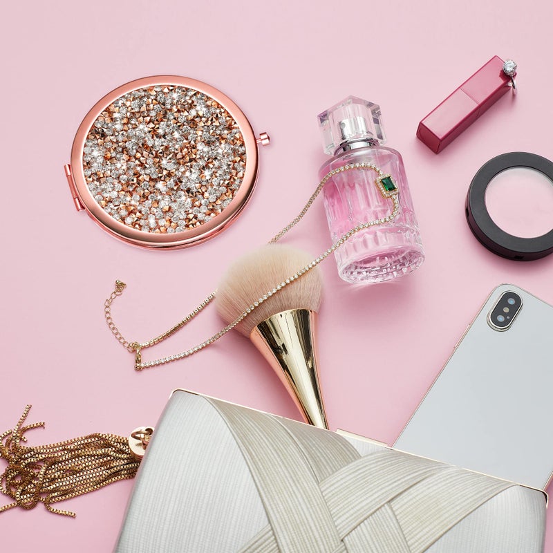 Dynippy Compact Mirror Rose Gold Makeup Mirror Folding Mini Pocket Mirror Portable Hand Mirror Double-Sided 2 x 1x Magnification for Woman Girls (Bling Rose Gold) - Image 5
