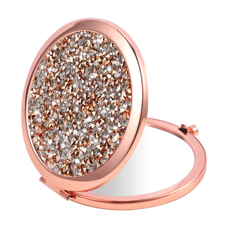 Dynippy Compact Mirror Rose Gold Makeup Mirror Folding Mini Pocket Mirror Portable Hand Mirror Double-Sided 2 x 1x Magnification for Woman Girls (Bling Rose Gold) - Image 2